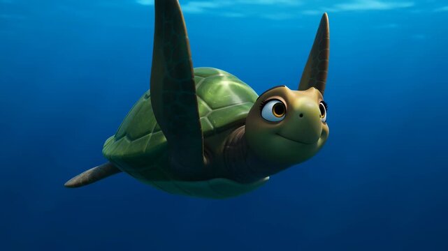 Charming animated sea turtle swims in deep blue ocean waters motion graphic background loop suitable for educational and entertainment projects