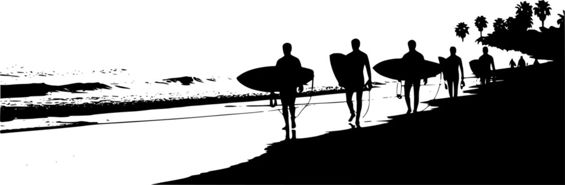 Silhouette surfers walking with surfboards, beach lifestyle vector illustration, surfing culture design, coastal holiday activity, summer ocean sports, active outdoor recreation artwork