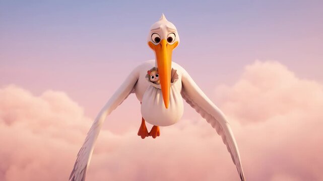 Animated stork delivering baby against pastel sky beautiful cartoon bird flying with infant animation for children