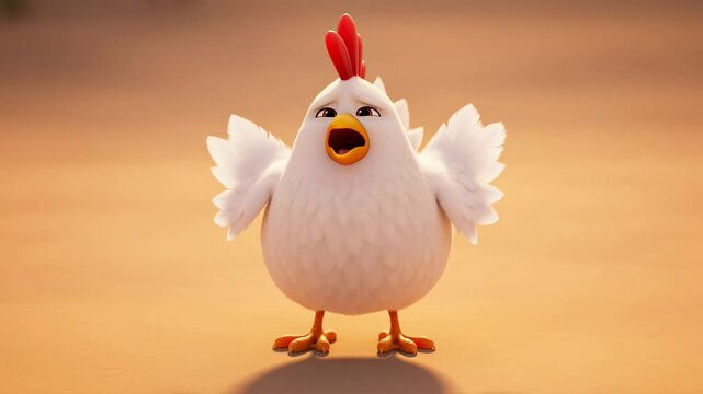 Animated white chicken character with worried expression rooster with open beak comic poultry farm animal pet chicken animated character design with orange background