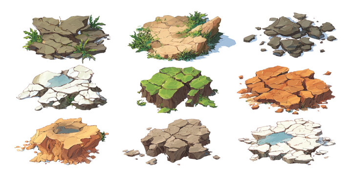 Collection of stylized isometric ground tiles and floating platforms for game environment design vector illustration on white background