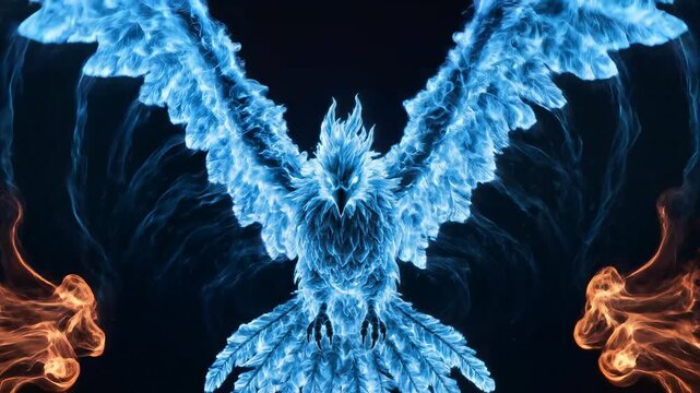 A majestic blue phoenix rising with fiery orange accents.