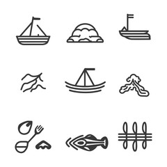 Set of Simple Line Icons Related to Fishing and Seafood