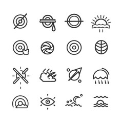 Set of Simple Outline Icons of Sun, Moon, Clouds, Earth, Target, and Rain