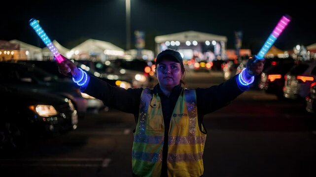 Staff member wearing glow wands directing vehicle traffic at a busy outdoor event drivein focused on hand signals with softly blurred parked cars.