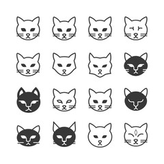 Obraz premium Set of sixteen stylized cat head illustrations in black and white