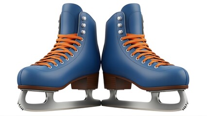 A pair of blue ice skates with orange laces on transparent background