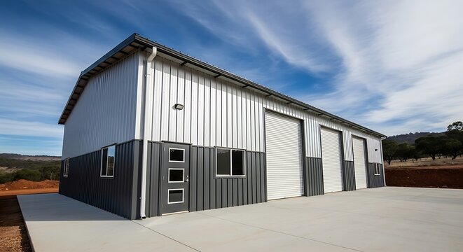 A modern, industrial-style building with corrugated metal siding under a partly cloudy sky