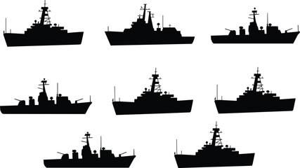 Warship silhouettes, naval vessels, military ships, battleships, destroyers, radar masts, gun turrets, naval architecture, defense fleet, maritime design, black outline illustration © MstGeasmin