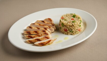 Lean grilled chicken breast sliced and served with a side of quinoa on a white oval plate