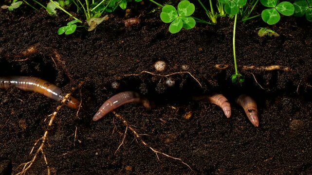 Worms aerate soil improving fertility close up in farmland or worms burrow enriching soil composition in field ecosystem