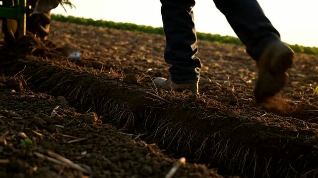 Contourplowing farming minimizes erosion on hilly farmland or Sustainable agriculture reduces runoff on slope soil tillage