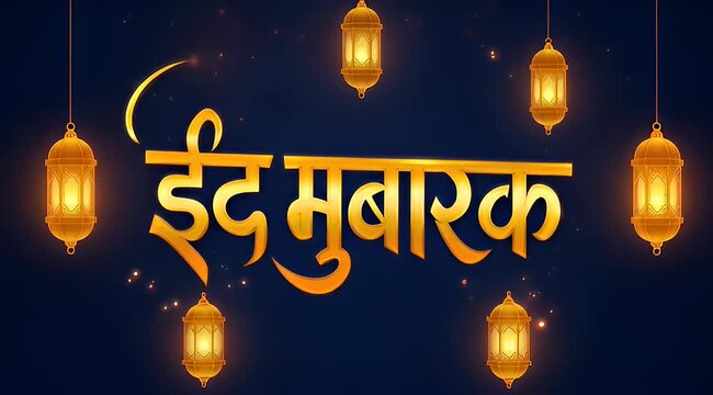 Elegant Eid Mubarak illustration with golden lanterns and script on dark background