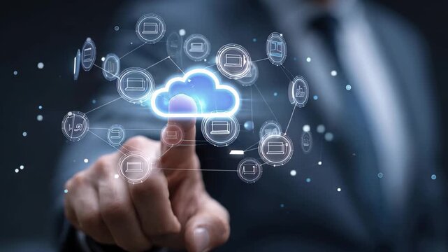 Businessman interacting with cloud computing technology in a modern office setting during a digital transformation meeting