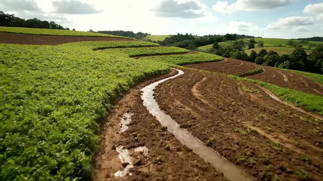 Contour plowing farming minimizes runoff water showing terrain fields or terraced farming uses soil conservation methods depicting agricultural land