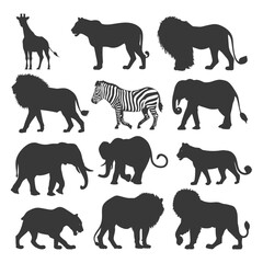 Fototapeta premium Silhouettes of African Wildlife Animals Including Giraffe, Lion, Zebra, and Elephant