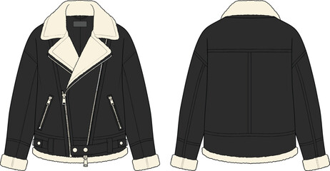 Black Aviator Shearling Jacket Technical Flat Fashion Sketch CAD Drawing Vector Illustration With Sherpa Lining Double Breasted Zipper And Belted Hem © Ziarul