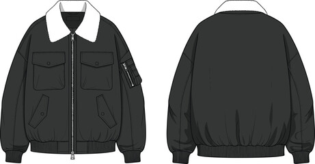Black Aviator Bomber Jacket Technical Flat Fashion Sketch CAD Drawing Vector Illustration With Sherpa Fleece Collar Utility Pockets And Zippers © Ziarul