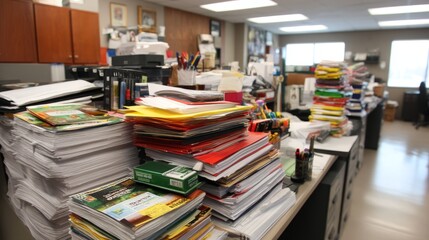 Cluttered office supply room in the late afternoon light with paperwork and tools