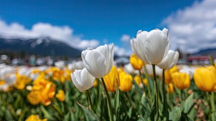 Obraz premium Vibrant white and yellow tulip field blossoms under a bright blue sky with distant mountains