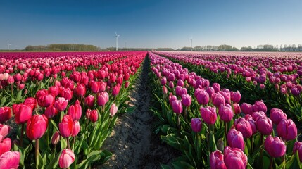 Vast rows of vibrant pink and magenta blossoms stretch toward the horizon under a clear blue sky