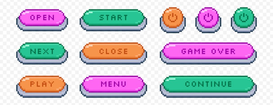 Vector set of colorful pixel art open, next, play and close buttons. Pixelated video game icons, on off power symbol, text box frames, interface menu elements in 8bit retro style. Arcade ui graphics