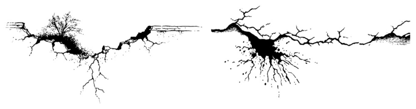 Hand drawn vintage ink sketch of ground cracks and fissures with natural details