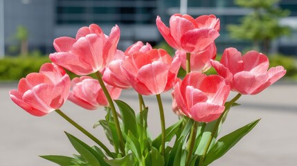 Several vibrant pink blossoms stand tall against a softly blurred modern exterior backdrop