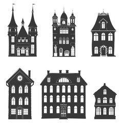Obraz premium Six Black Silhouettes of Different Architectural Houses