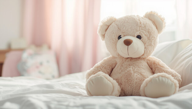 Adorable Teddy Bear Plush Toy on White Bed with Glamorous Pastel Blurred Background, Bright Cozy Nursery Advertising