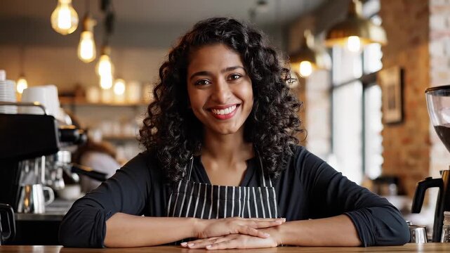 Smiling barista at coffee shop. Friendly female barista welcomes customers with warm smile. Cozy cafe atmosphere encourages relaxation and socializing.