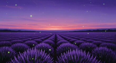 Fototapeta premium Lavender field at dusk with fireflies illustration