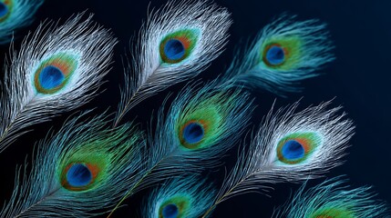 Obraz premium Vibrant peacock feathers with intricate patterns and vivid colors arranged artistically against a dark background, showcasing their natural beauty and texture