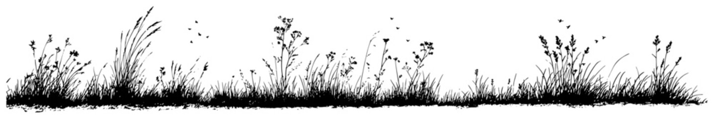 Panoramic wide silhouette of a wild field with tall grass and weeds © AdrianGebert