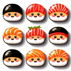 Fototapeta premium cute kawaii sushi characters with faces on white background