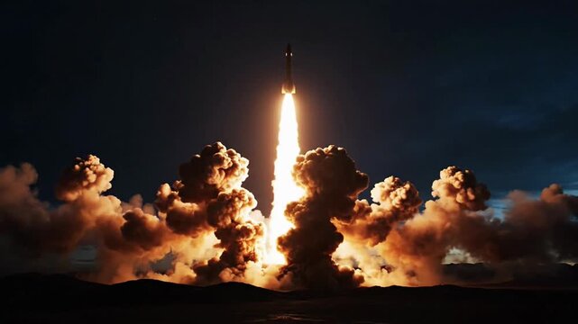 Rocket launch creates massive fire and smoke clouds at night