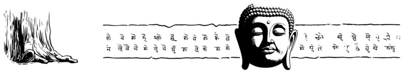 Spiritual banner with Buddha head meditation symbols and an old tree trunk detail © AdrianGebert