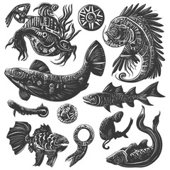 Stylized Fish and Sea Life with Geometric Patterns