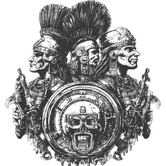 Obraz premium Three Aztec Warriors With Guns and Skull Shield