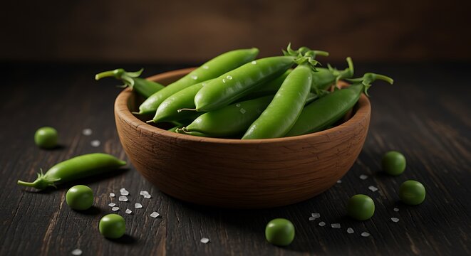 Fresh Green Peas Pods in Wooden Bowl on Dark Table