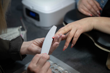 Naklejka premium Manicurist filing client nails in beauty salon. Nail care procedure, professional manicure, close-up hands, skincare and grooming concept. 