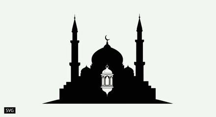 Silhouette of a Mosque with Minarets and Dome, Islamic Lantern