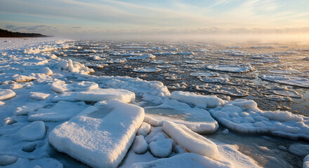 Obraz premium Coastal Arctic Frost: An aerial view captures a breathtaking display of ice formations along the coast, with a hazy horizon in the distance, bathed in the soft glow of the sun. 