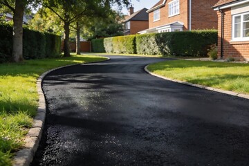 Obraz premium Freshly sealed black asphalt driveway leading to suburban home, glossy wet surface reflecting light, surrounded by green lawn, showcasing residential property maintenance and renovation concept.