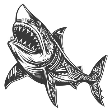 Tribal patterned shark with open mouth and sharp teeth