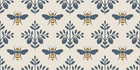 Seamless vector pattern with bees and stylized botanical ornaments. Minimal folk design ideal for fabric, wallpaper, wrapping paper and nature inspired backgrounds.. © juliiapanukoffa