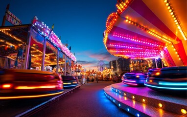 Vibrant Glow of Lights at Amusement Park Rides in Evening Sky
