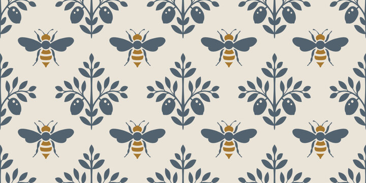 Seamless vector pattern with bees and stylized botanical ornaments. Minimal folk design ideal for fabric, wallpaper, wrapping paper and nature inspired backgrounds..