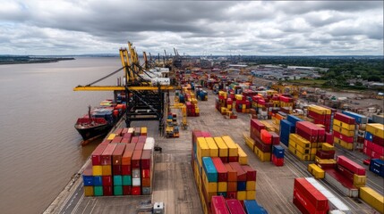 Overcast Skies at Shipping Dock with Reduced Export Volume and Containers