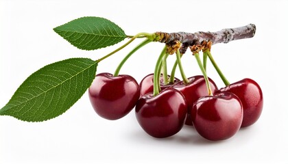 dark red cherry on tree branch isolated on white